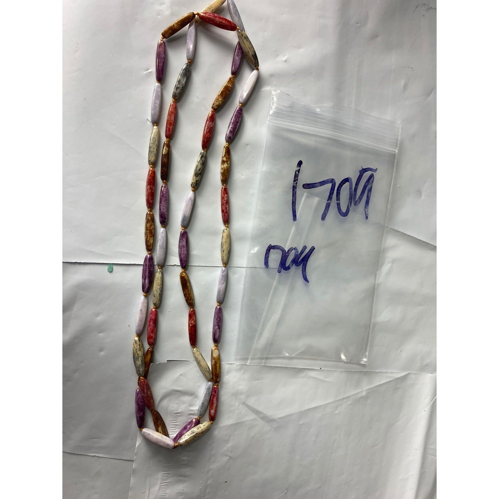 Multicolor Stone Bead Necklace Long Oval Beads Boho Earthy Gold Tone Spacers